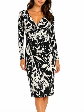 Lauren Ralph Lauren Black & White Floral Print Jersey Knit Fitted Sheath Dress